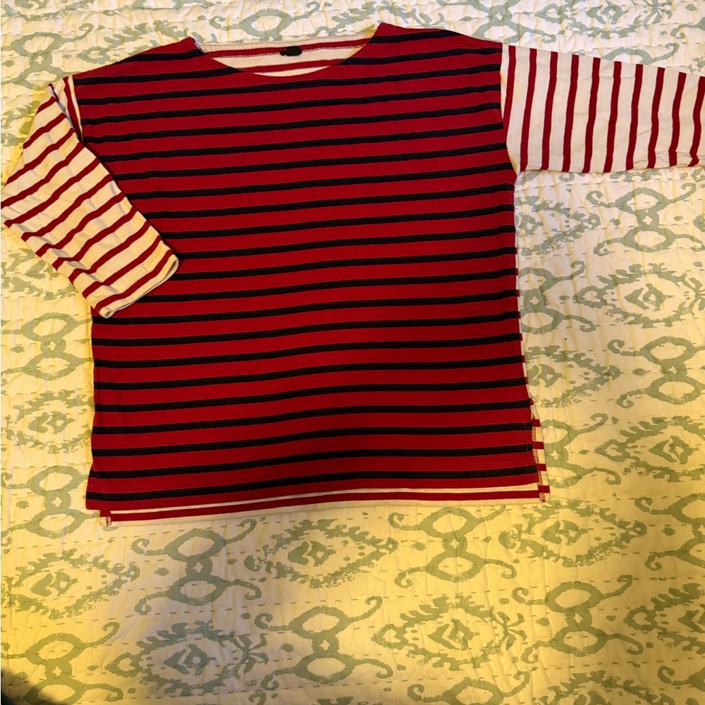 Striped Red, Navy, and White 3/4 Sleeve Heavyweight Knit Shirt